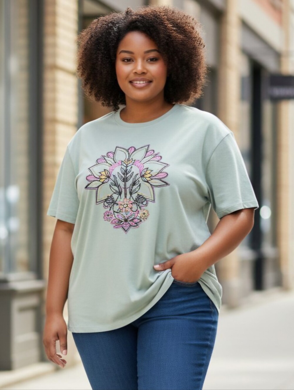 Torrid Floral Mandala Relaxed Heritage Jersey Raw Edge Green Tee Size 1X NWOT